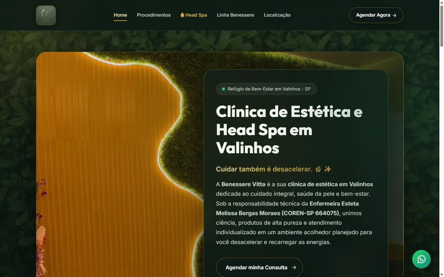 Página inicial do site da Benessere Vitta, clínica de estética em Valinhos