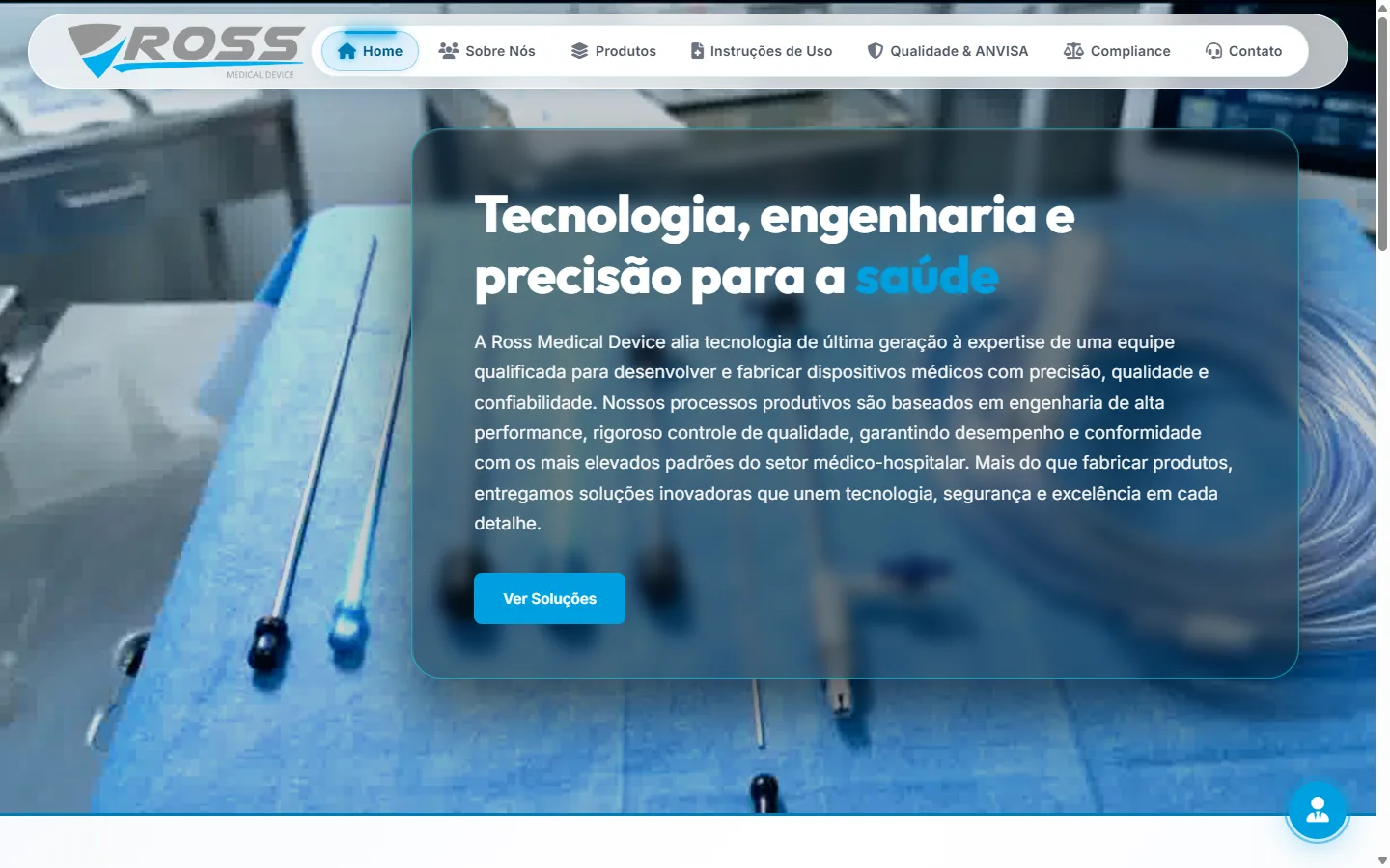 Página inicial do site da Ross Medical Device e Usinagens